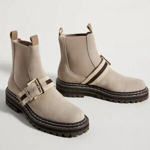 Anthropologie Cecelia Harriet Chelsea Boot Taupe Suede Lug Sole Buckle 10
